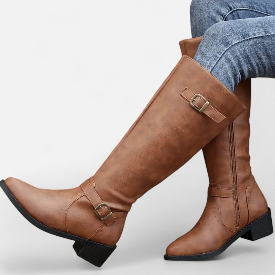 Loravene | Women’s High Leather Boots - Elegant Mid-Heel Style