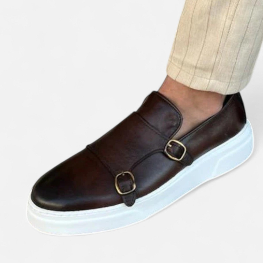 Loravene | Men’s Double Buckle Monk Strap Loafers | Premium Leather Elegance