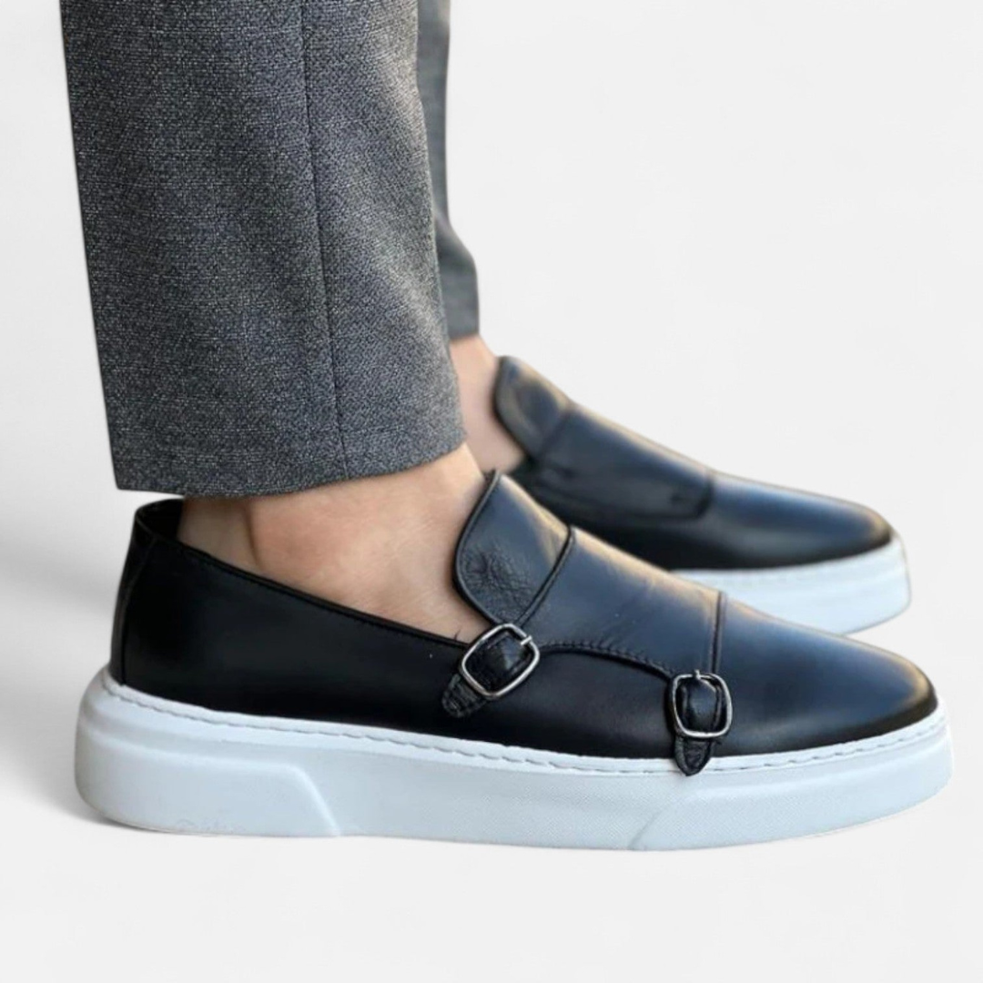 Loravene | Men’s Double Buckle Monk Strap Loafers | Premium Leather Elegance