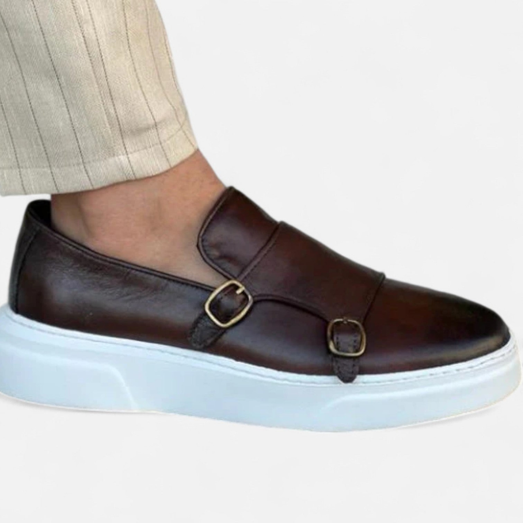 Loravene | Men’s Double Buckle Monk Strap Loafers | Premium Leather Elegance