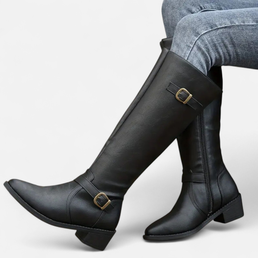 Loravene | Women’s High Leather Boots - Elegant Mid-Heel Style