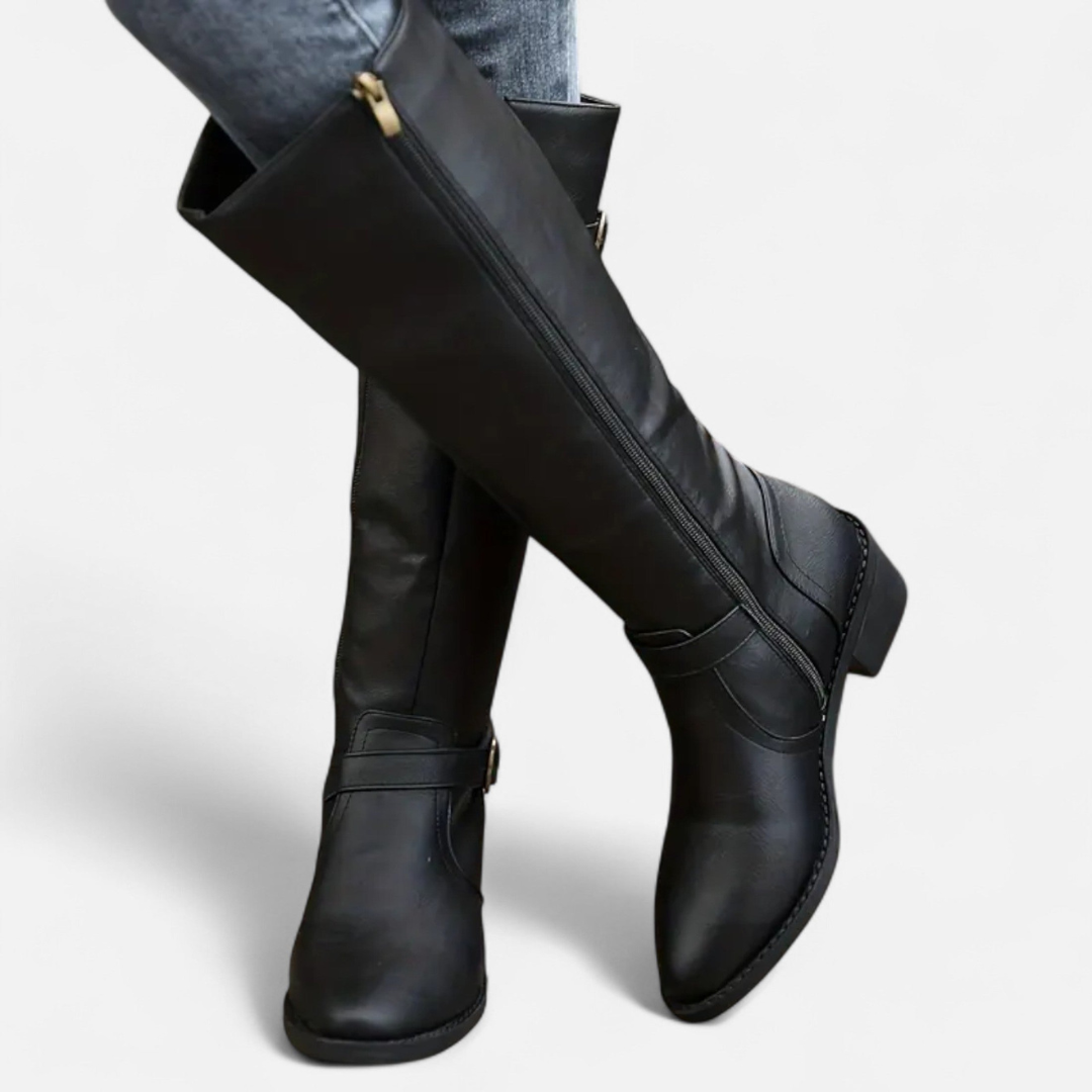 Loravene | Women’s High Leather Boots - Elegant Mid-Heel Style
