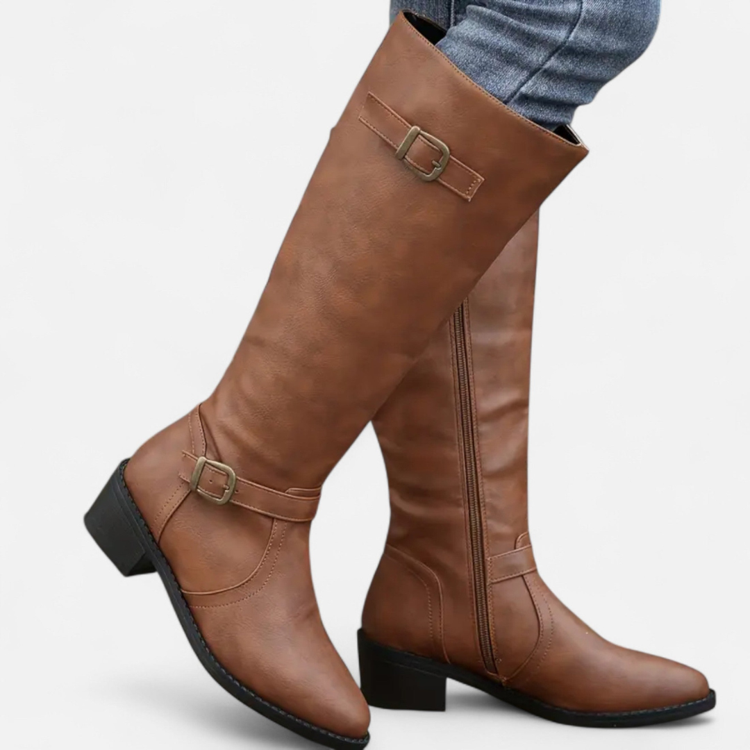 Loravene | Women’s High Leather Boots - Elegant Mid-Heel Style
