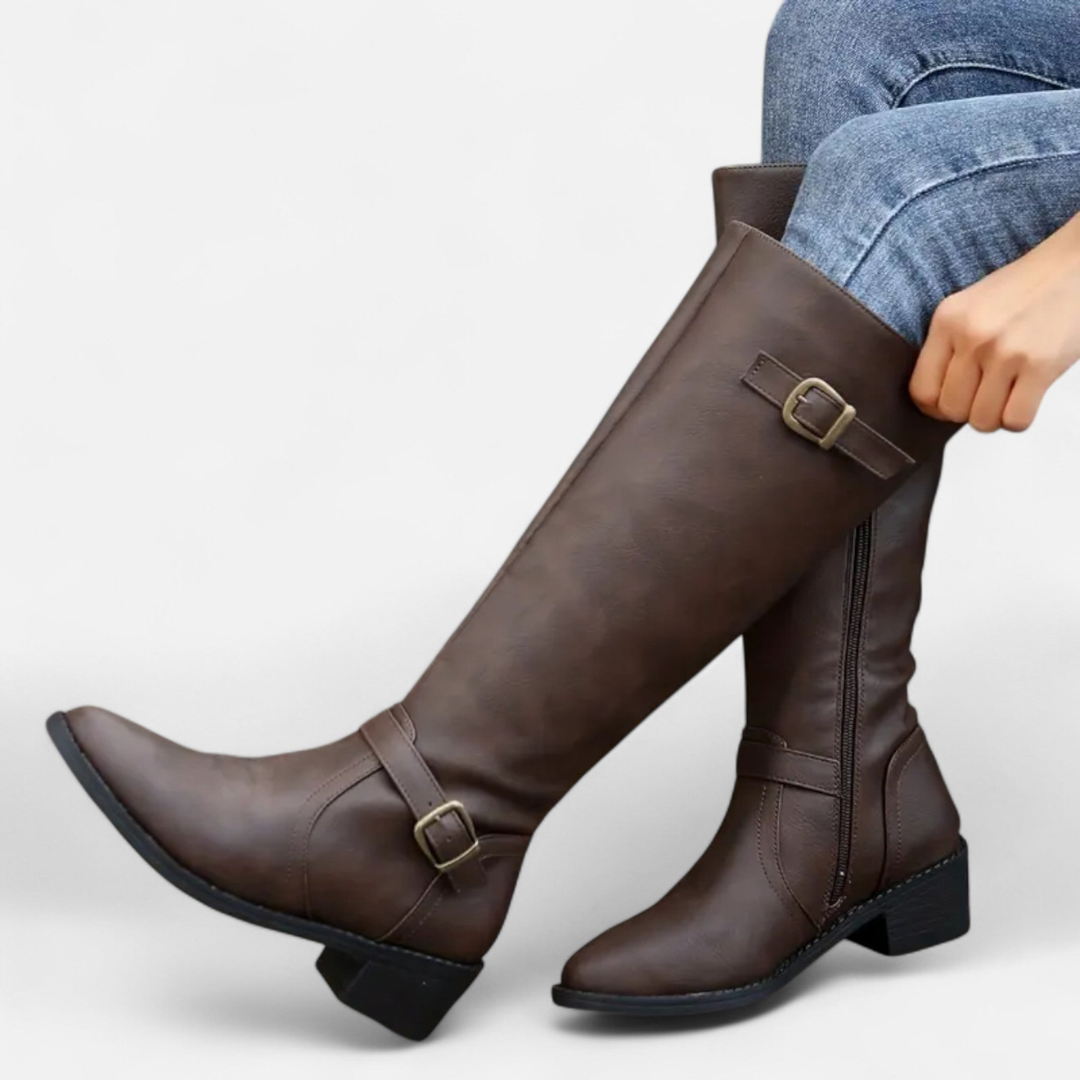 Loravene | Women’s High Leather Boots - Elegant Mid-Heel Style
