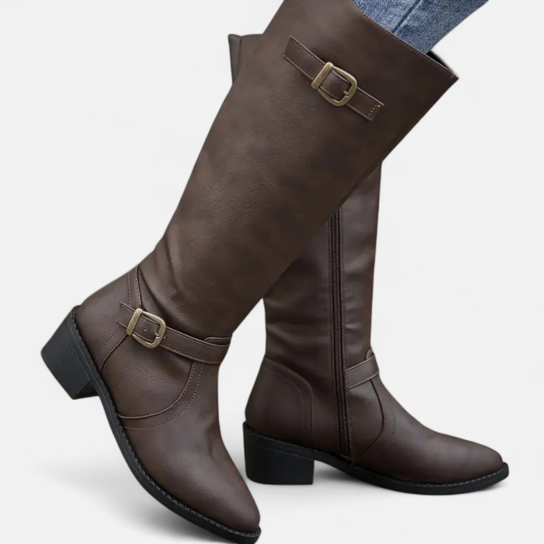 Loravene | Women’s High Leather Boots - Elegant Mid-Heel Style