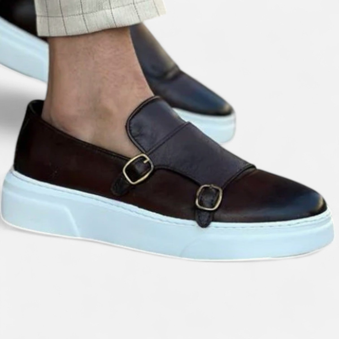Loravene | Men’s Double Buckle Monk Strap Loafers | Premium Leather Elegance